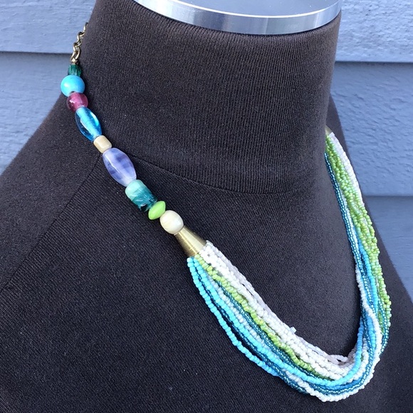 Mandee Multi Strand Twist Blue/Green Bead Necklace - Picture 2 of 7
